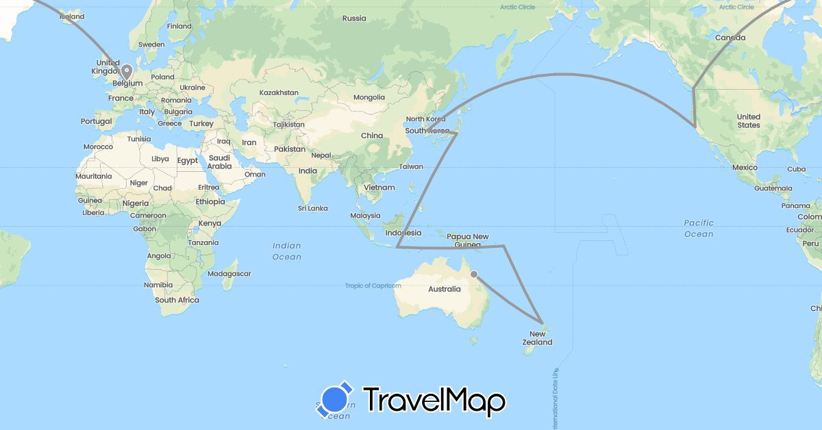 TravelMap itinerary: driving, plane in Australia, Belgium, Canada, Indonesia, Japan, South Korea, New Zealand, Solomon Islands, United States (Asia, Europe, North America, Oceania)